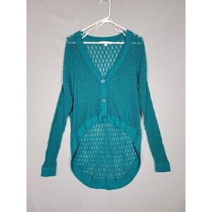 Womens Teal Crochet Loose Knit Cardigan Sz Large Hi/Low Button Front Forever 21